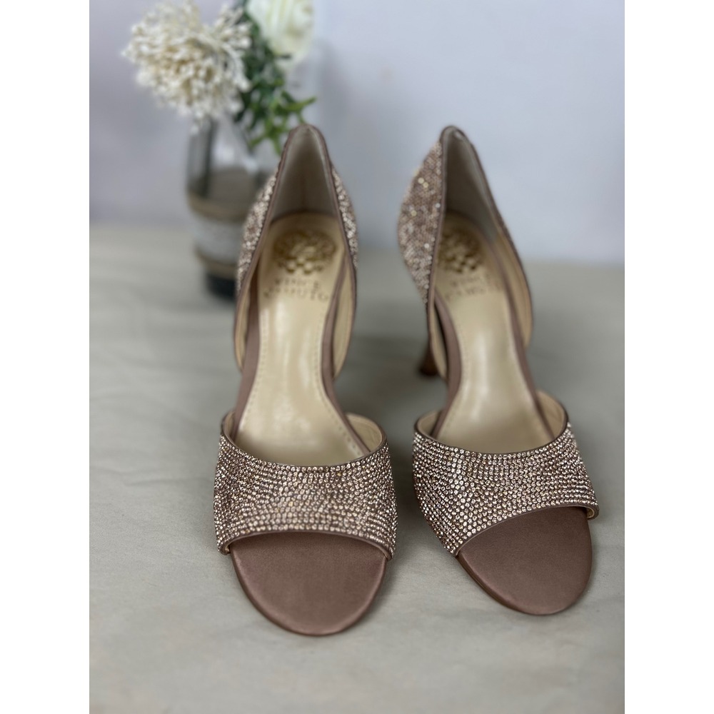 Vince Camuto Rose Gold Rhinestone d'Orsay Stiletto Heels Satin Evening Pumps 5.5